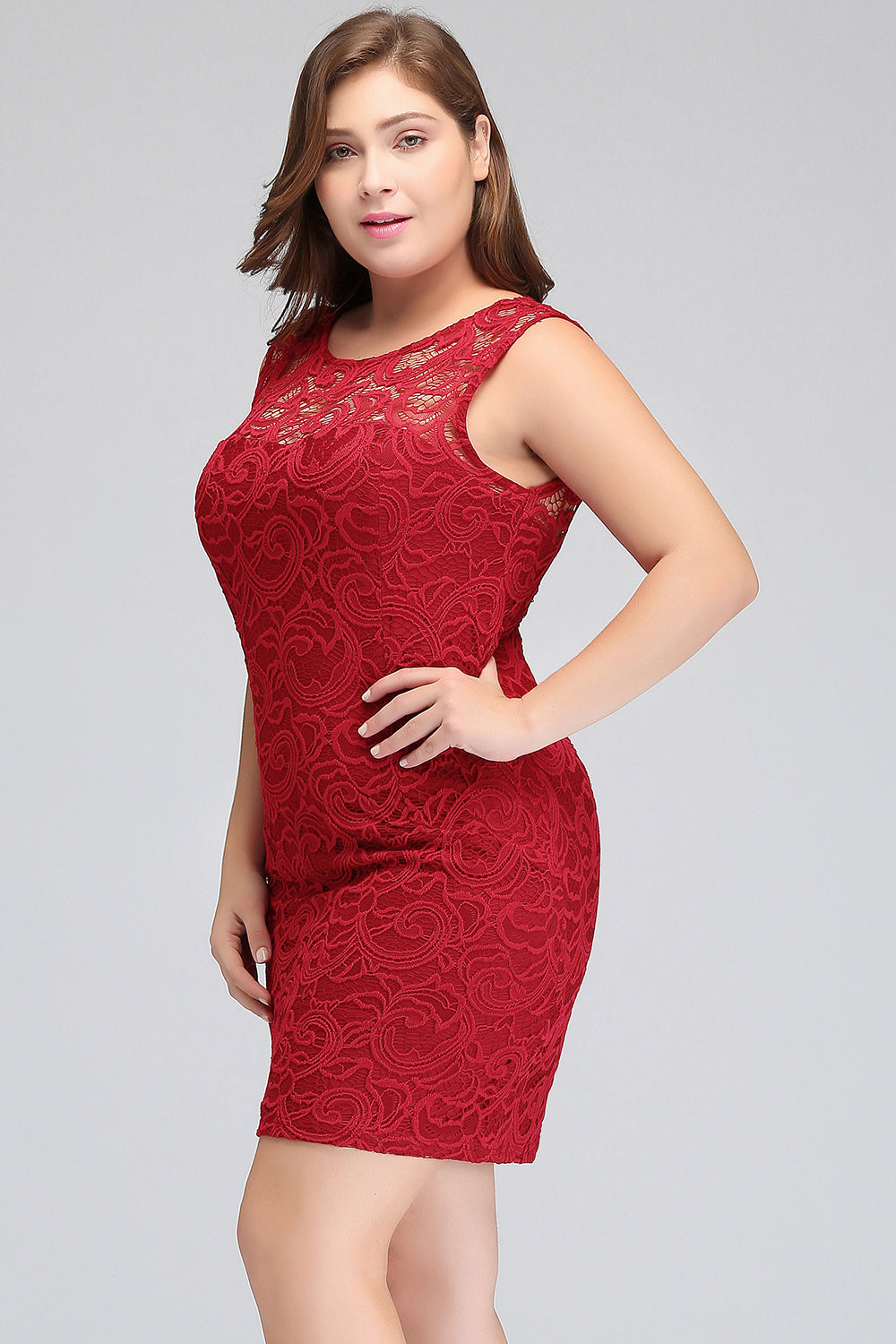 Red Lace Crew Neck Cocktail Party Sleeveless Bodycon Wedding Party Dress