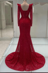 Red Long Sleeve Formal Dress Sequined Sheath/Column Prom Evening Dress