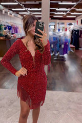 Red Long Sleeves Deep V-Neck Sequined Short Graduation Dress with Fringes