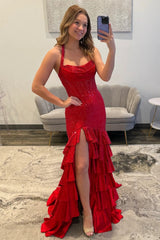 Red Mermaid Halter Prom Dress With High Slit And Tiered Ruffle Skirt Formal Evening Gown