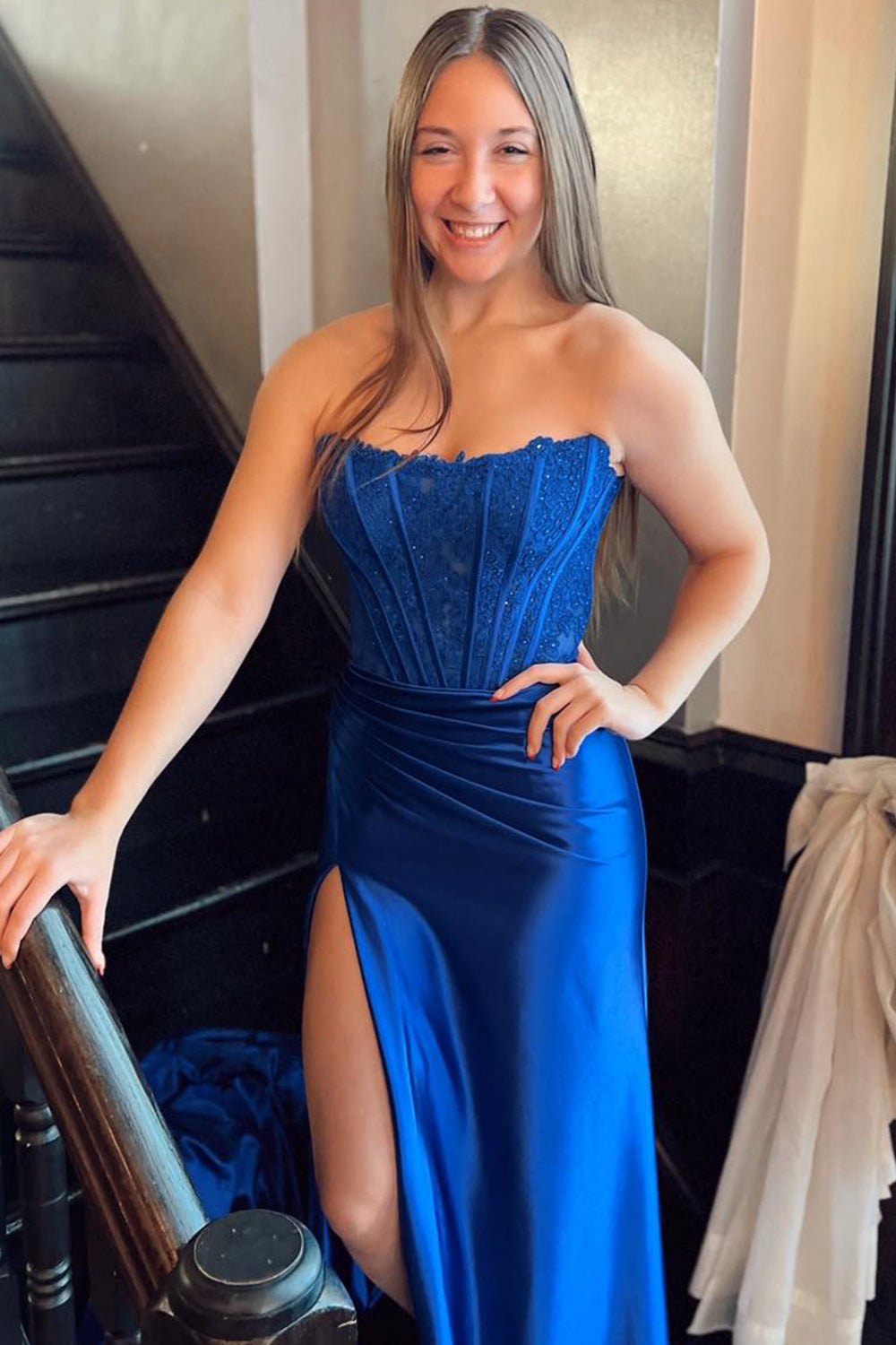 Royal Blue Mermaid Satin Corset Long Prom Dress with Slit
