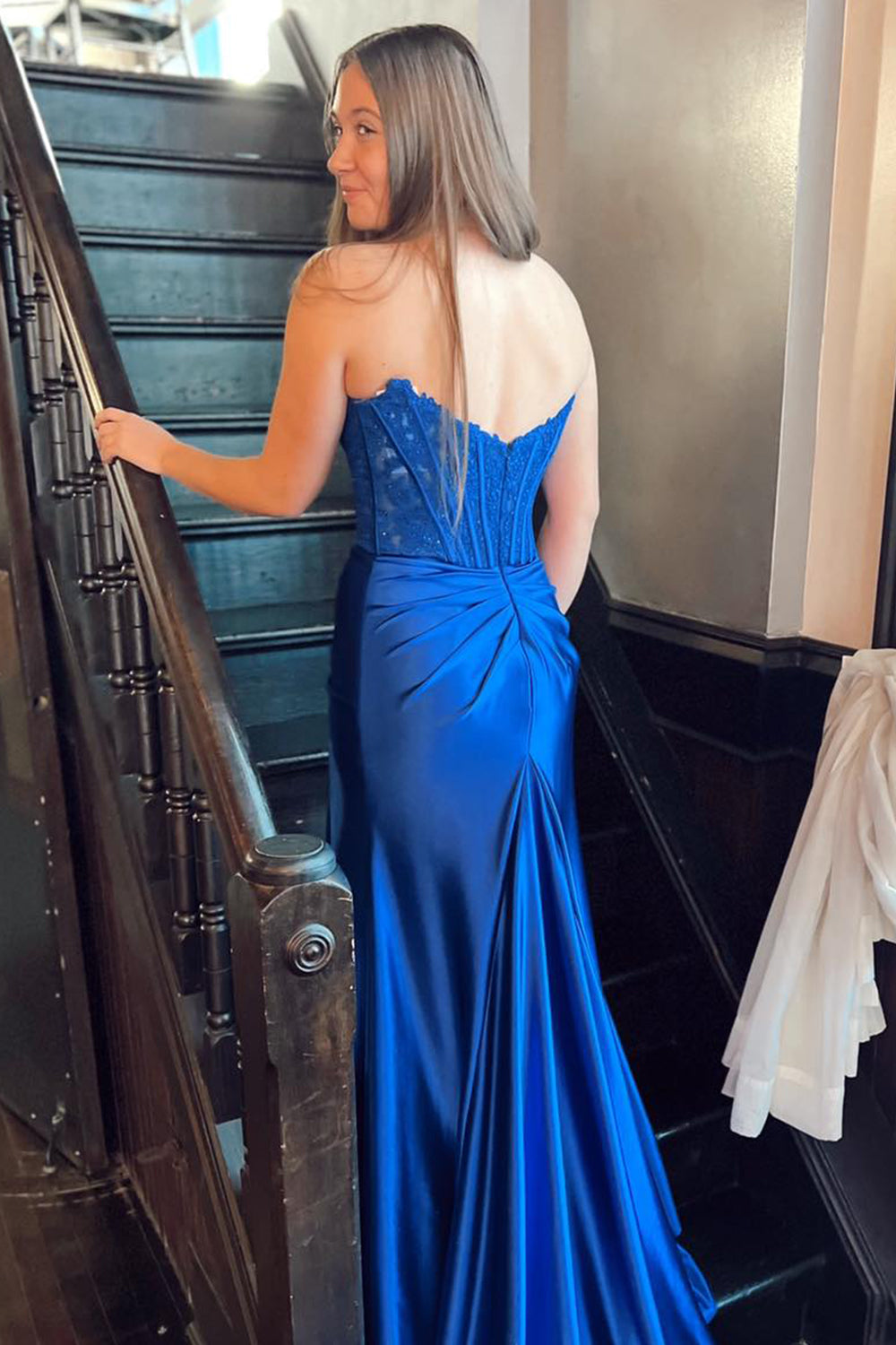 Royal Blue Mermaid Satin Corset Long Prom Dress with Slit
