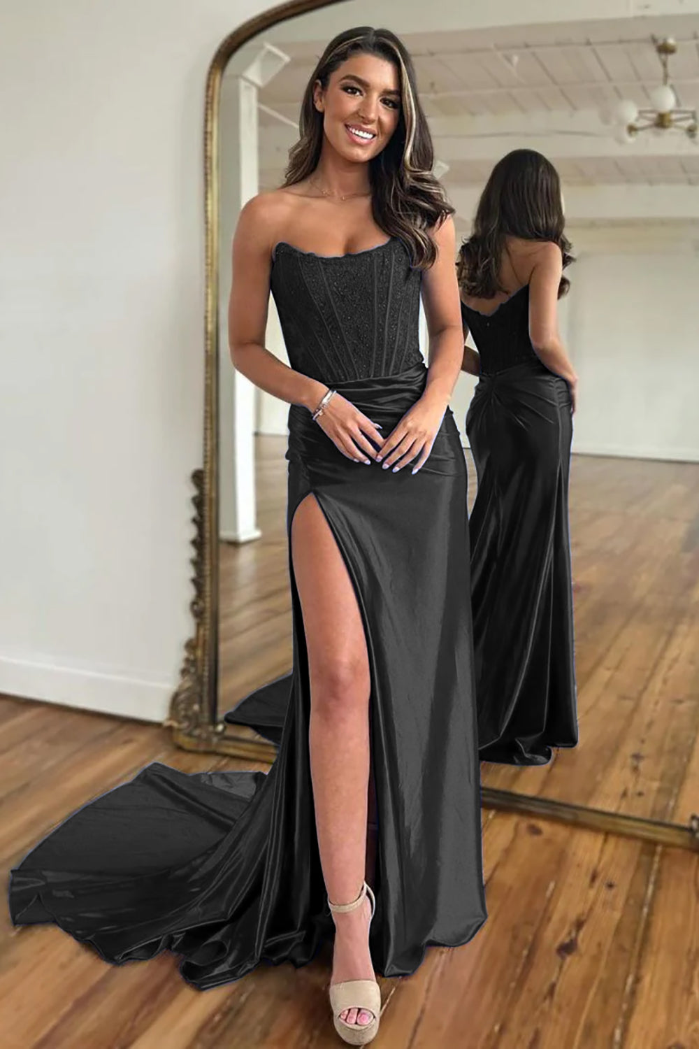 Royal Blue Mermaid Satin Corset Long Prom Dress with Slit