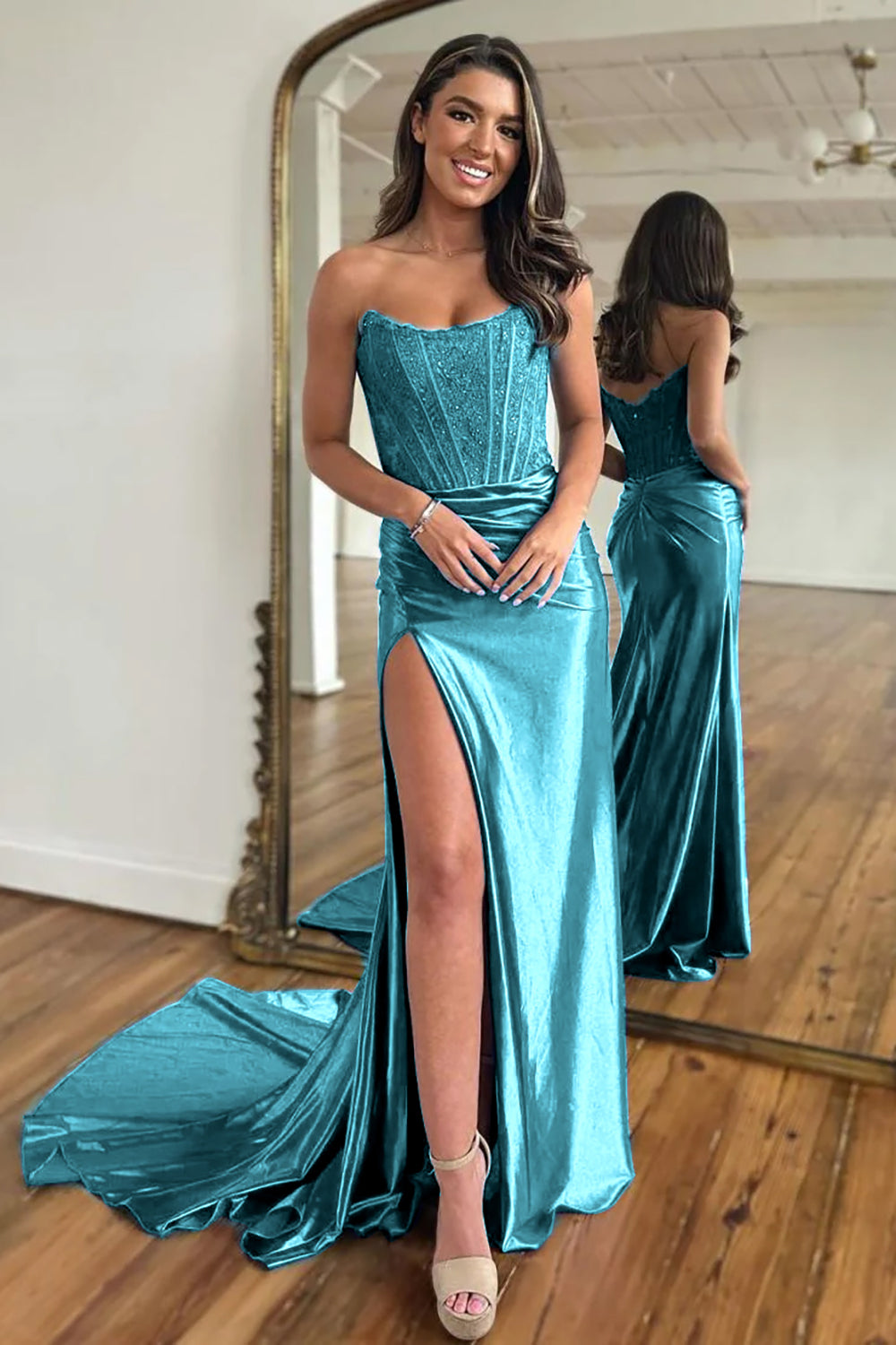 Royal Blue Mermaid Satin Corset Long Prom Dress with Slit