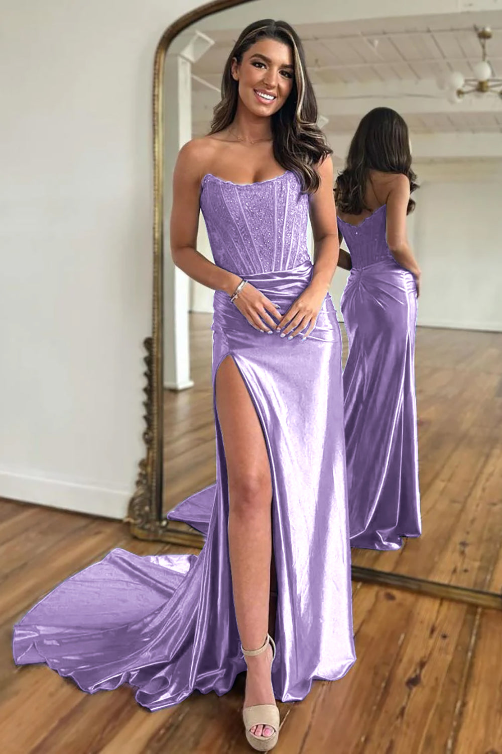 Royal Blue Mermaid Satin Corset Long Prom Dress with Slit