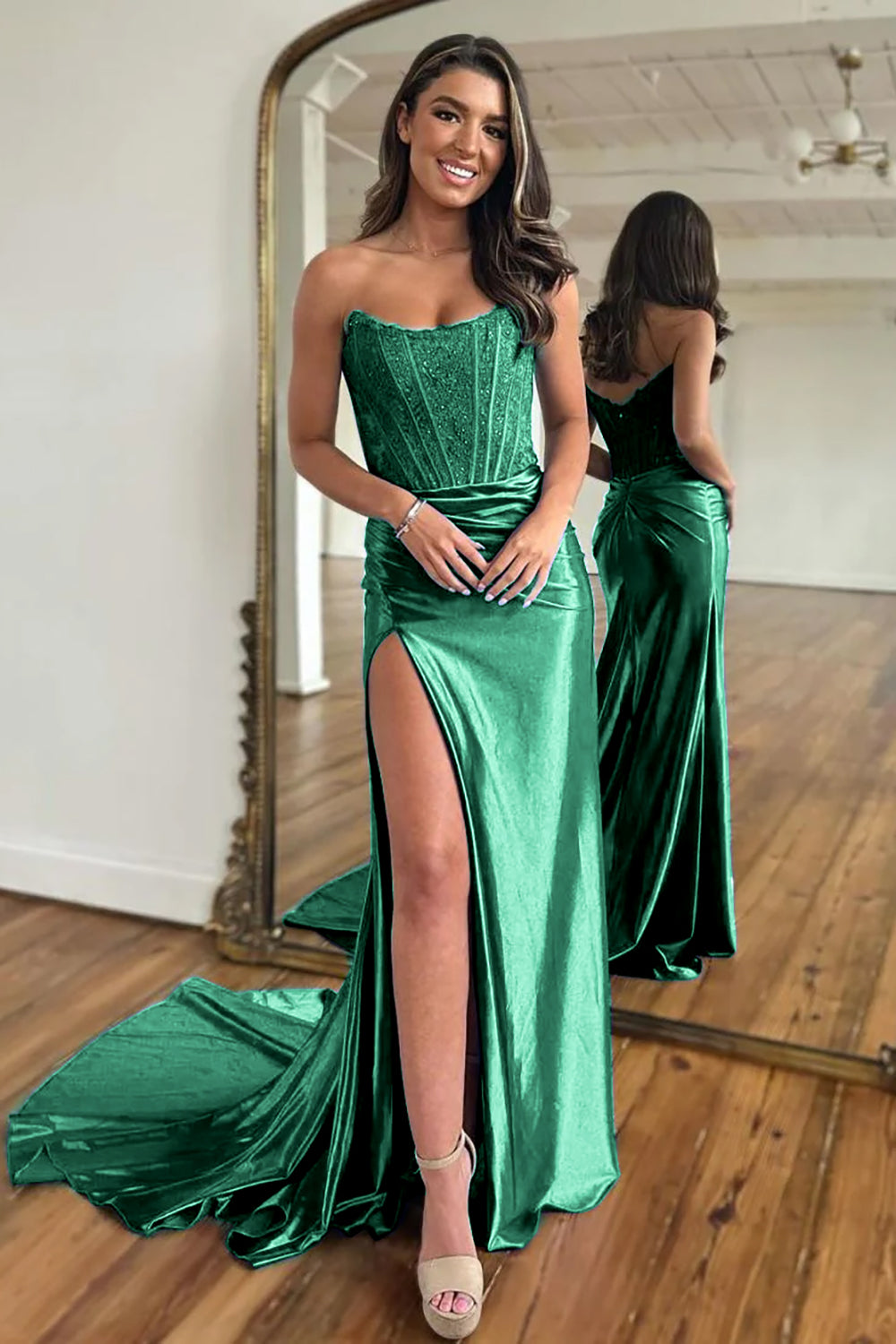Royal Blue Mermaid Satin Corset Long Prom Dress with Slit