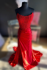 Red Mermaid Satin Corset Long Prom Dress with Slit