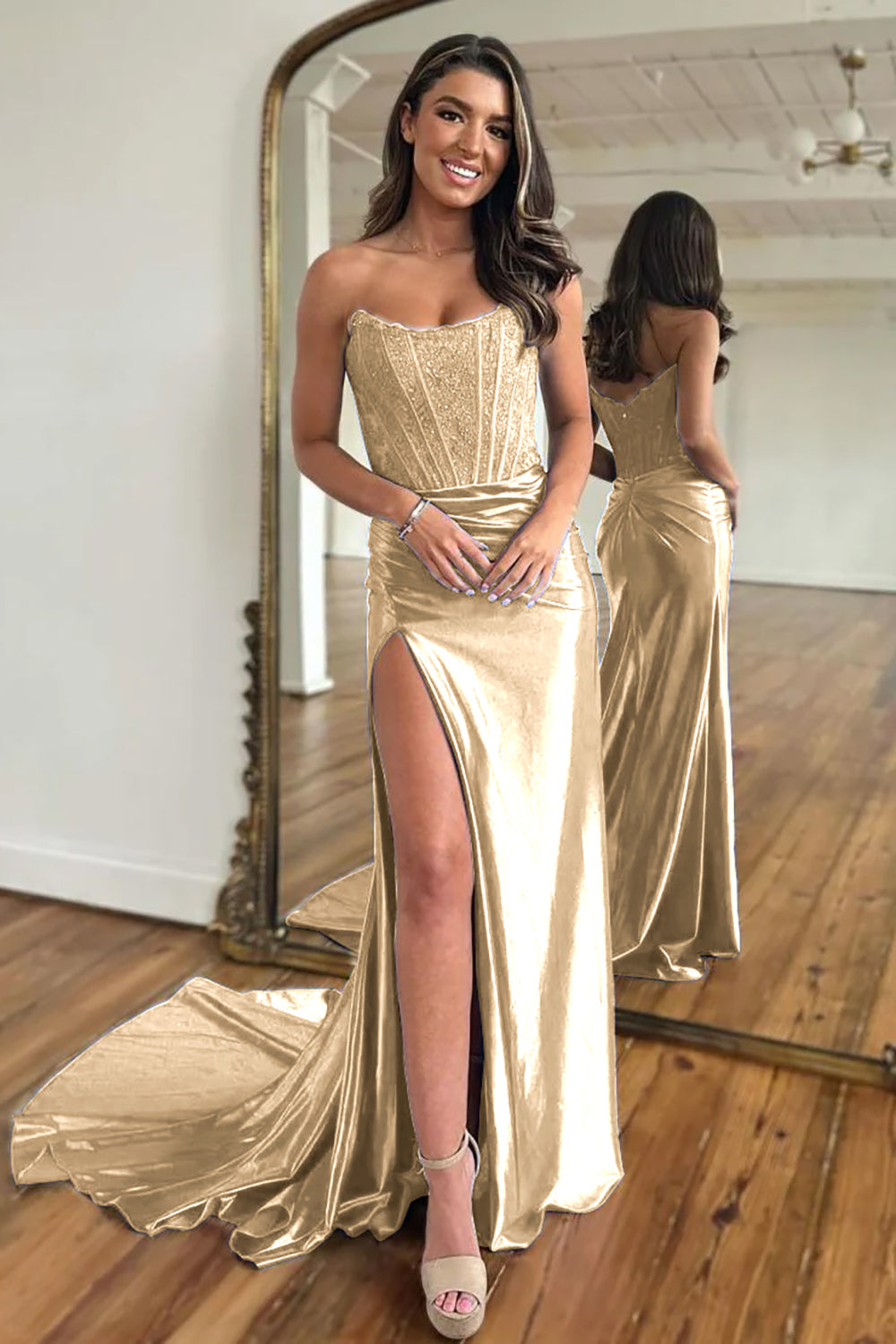 Royal Blue Mermaid Satin Corset Long Prom Dress with Slit