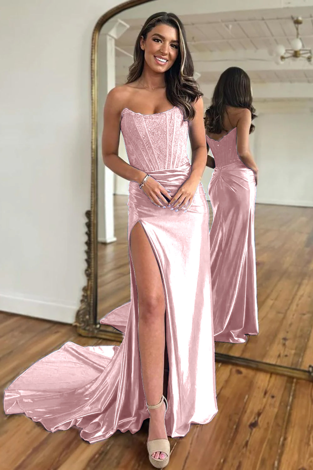 Royal Blue Mermaid Satin Corset Long Prom Dress with Slit