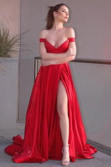 Red Off the Shoulder Long Evening Dress with Split