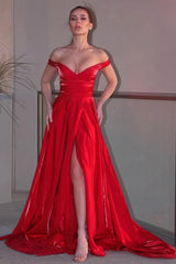 Red Off the Shoulder Long Evening Dress with Split