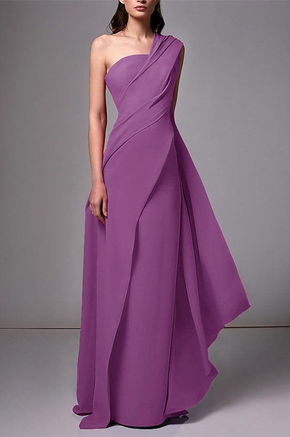 Red One Shoulder Sleeveless Evening Dress With Pleats Ruched