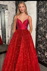 Red Prom Dress A-Line Beaded Long Evening Dress With Pockets