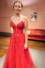 Red Prom Dress A Line Corset Lace Long Evening Dress