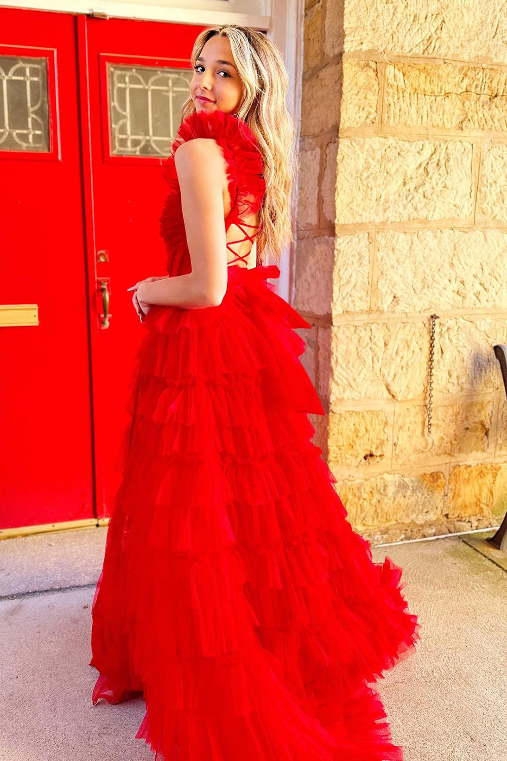 Red Prom Dress A Line Corset Long Tulle Tiered Evening Dress with Slit
