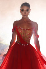 Red Prom Dress A Line Off The Shoulder Chiffon Beading Formal Dress