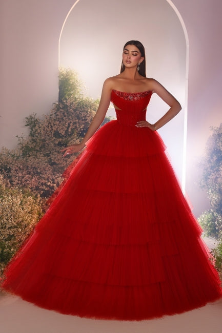 Red Prom Dress A Line Strapless Sequined Sleeveless Floor Length Tulle Formal Dress With Rhinestone