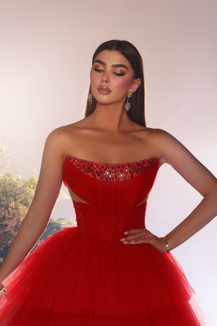 Red Prom Dress A Line Strapless Sequined Sleeveless Floor Length Tulle Formal Dress With Rhinestone