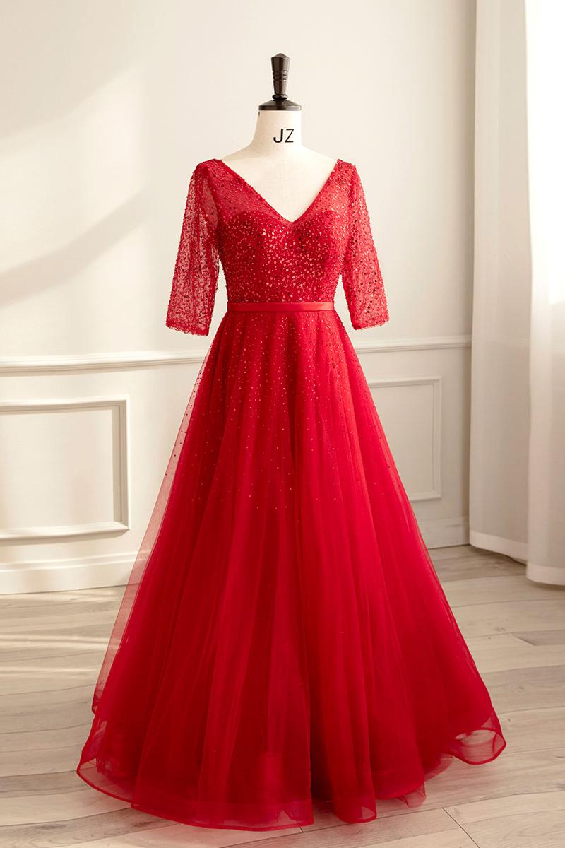 Red Prom Dress A Line Tulle Sequin Long Formal Evening Dress