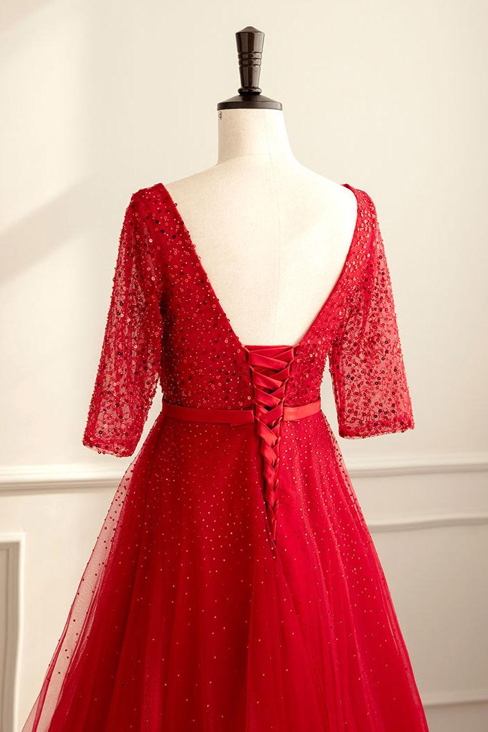 Red Prom Dress A Line Tulle Sequin Long Formal Evening Dress