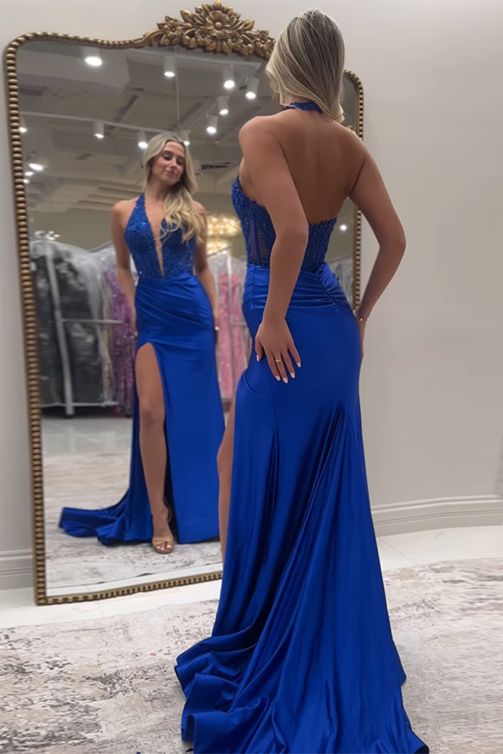 Red Prom Dress Halter Lace Corset Formal Dress With Slit