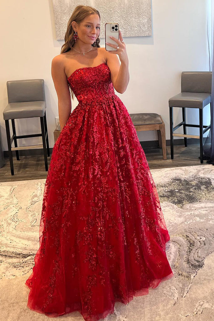 strapless open back dress Simple A-line V-neck Satin Long Cheap Red Puffy Prom Dresses with Pock –  cherishgirls main image 0