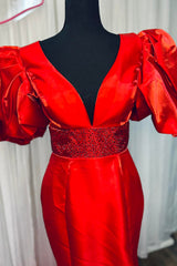 Red Prom Dress Mermaid Beaded V-Neck Long Evening Dress With Puff Sleeves