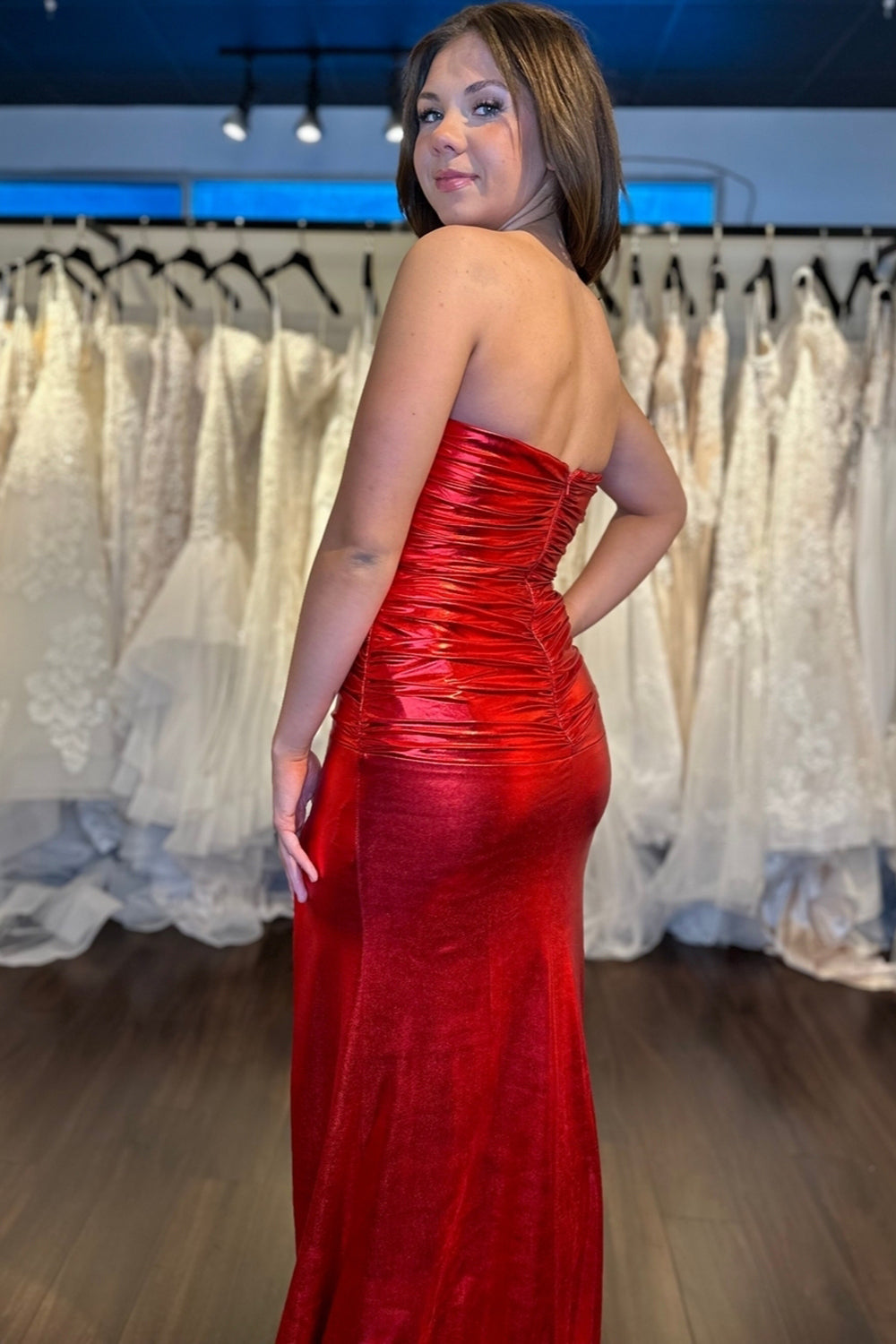 Red Prom Dress Mermaid Metallic Long Formal Dress With Slit