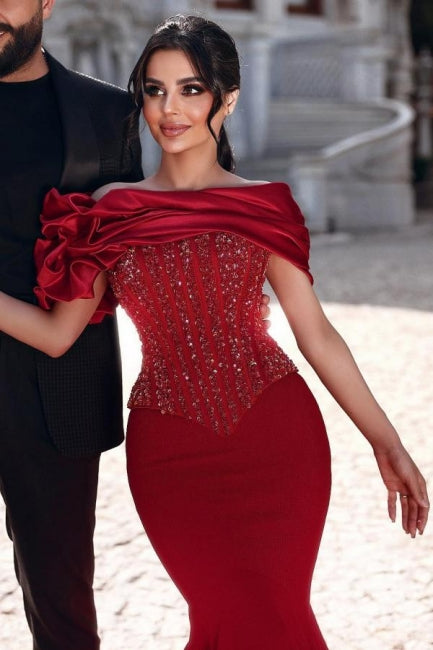 Red Prom Dress Mermaid Off The Shoulder Sequined Beading Formal Dress With Lace