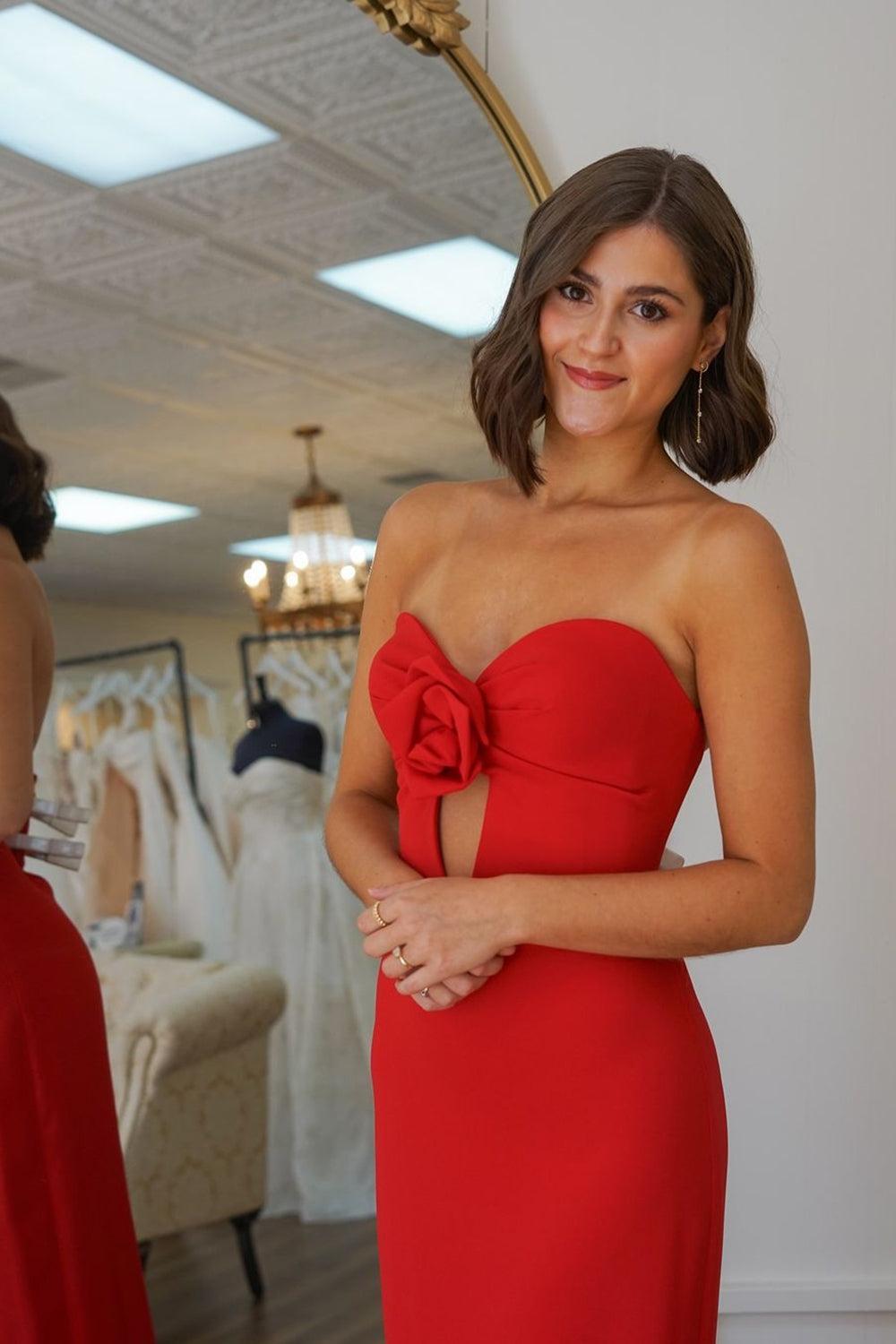 Red Prom Dress Mermaid Sweetheart Long Evening Dress with Flower