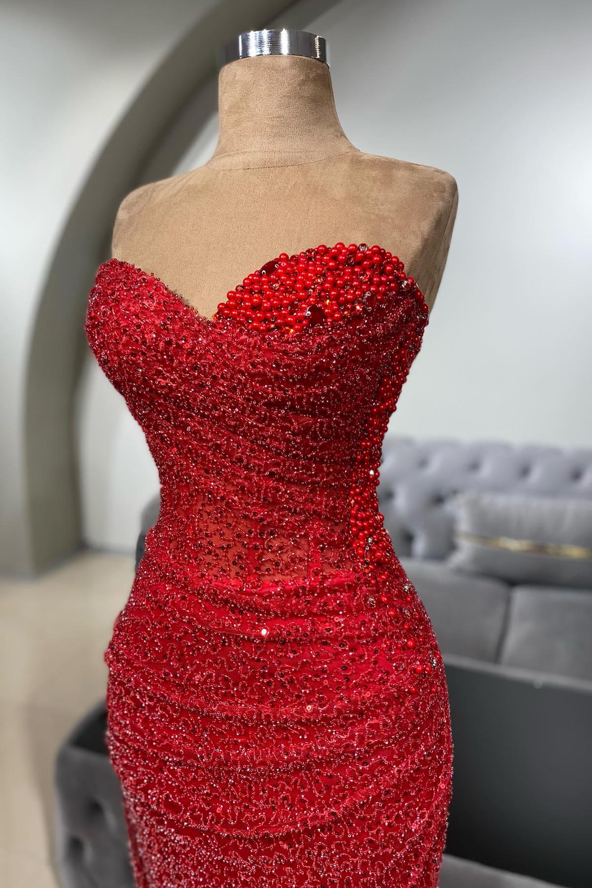 Red Prom Dress Mermaid Sweetheart Sleeveless Sequined Beaded Formal Dress