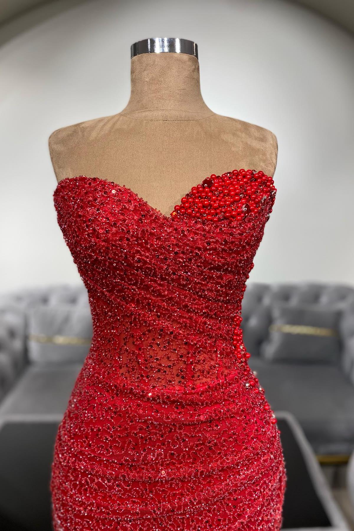 Red Prom Dress Mermaid Sweetheart Sleeveless Sequined Beaded Formal Dress