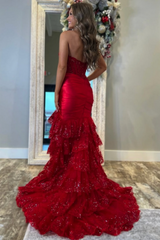 Red Prom Dress Mermaid Sweetheart Strapless Sleeveless Sequined Sweep Train Satin Slit Formal Dress With Lace