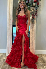 Red Prom Dress Mermaid Sweetheart Strapless Sleeveless Sequined Sweep Train Satin Slit Formal Dress With Lace