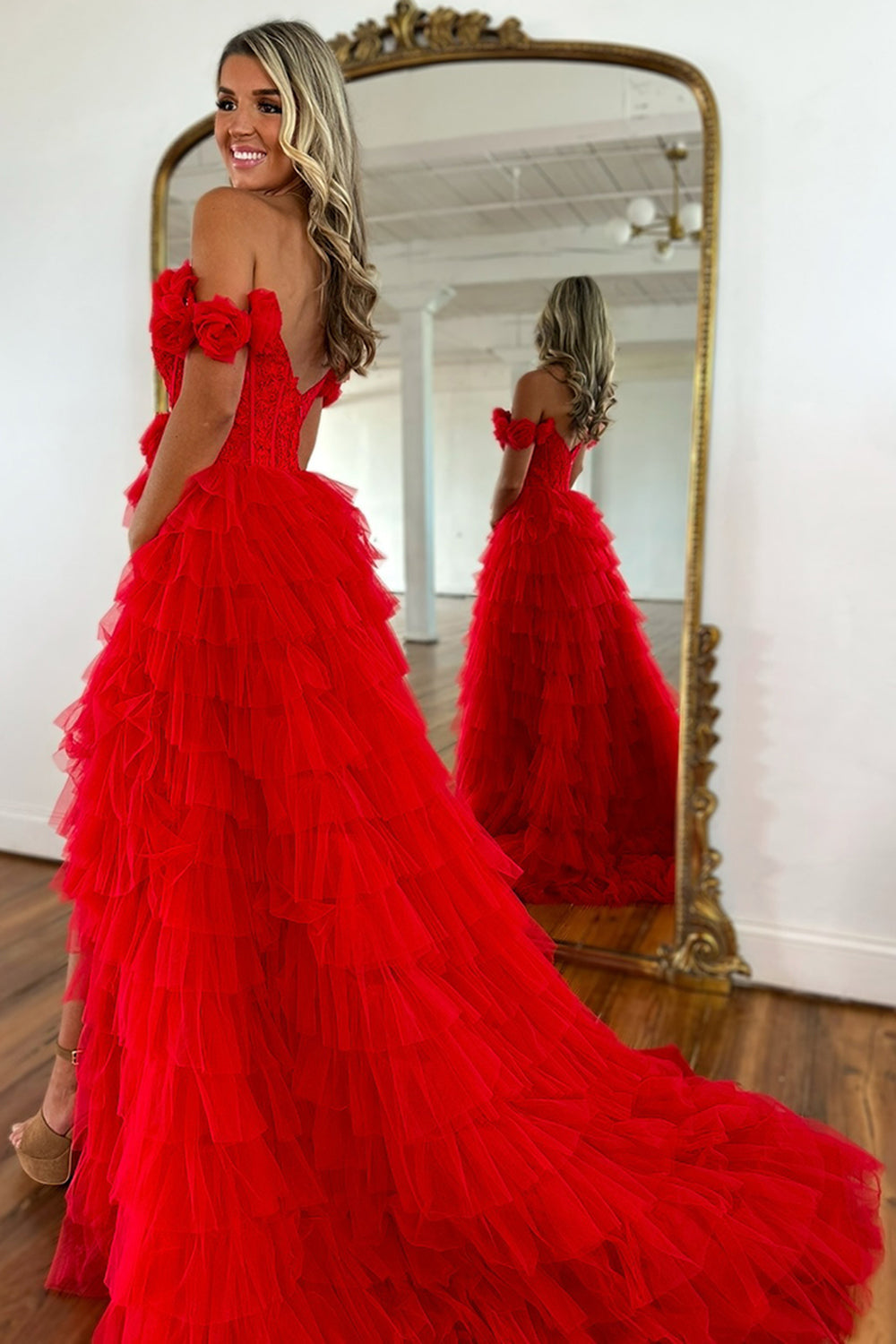 Red Prom Dress Off The Shoulder Appliqued Ruffled Formal Dress With Slit