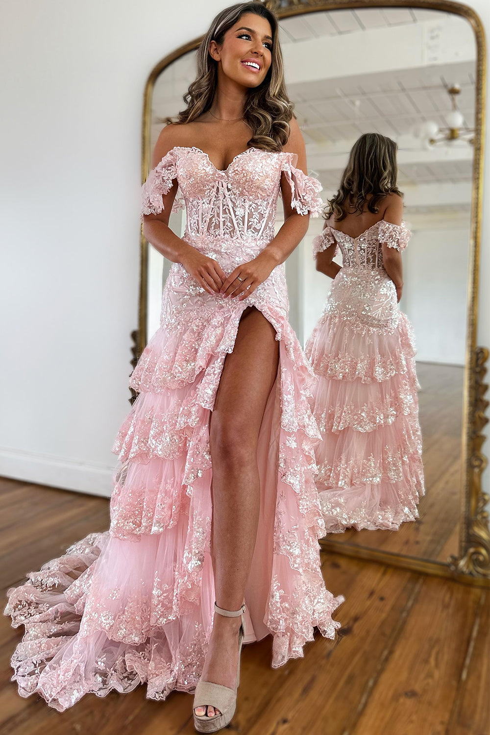 Red Prom Dress Off The Shoulder Tiered Evening Dress