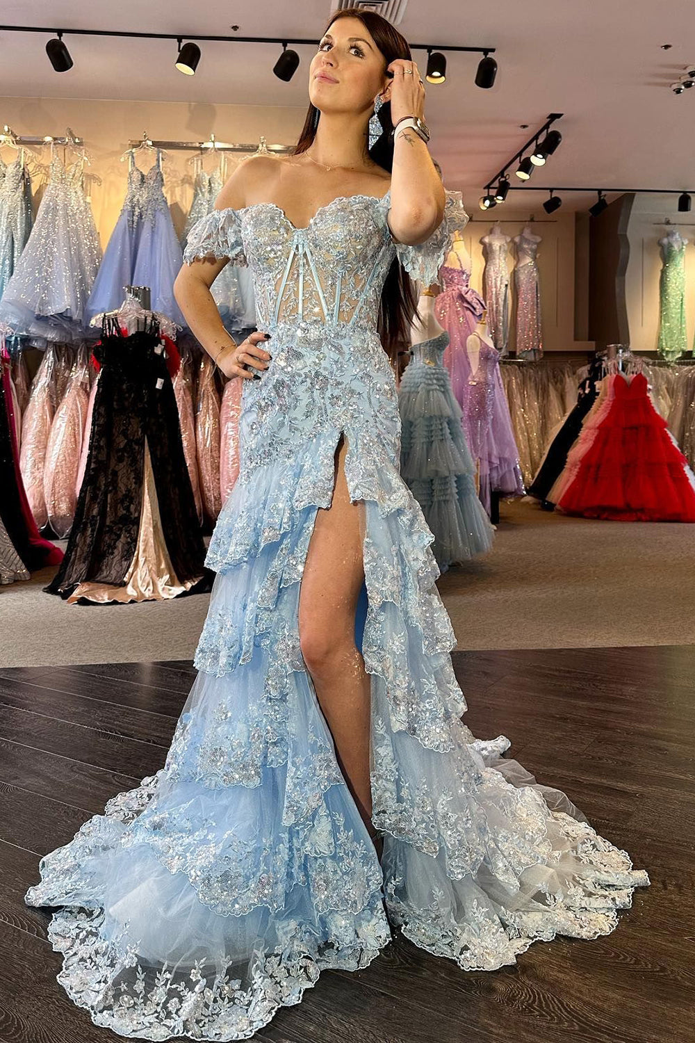 Red Prom Dress Off The Shoulder Tiered Evening Dress