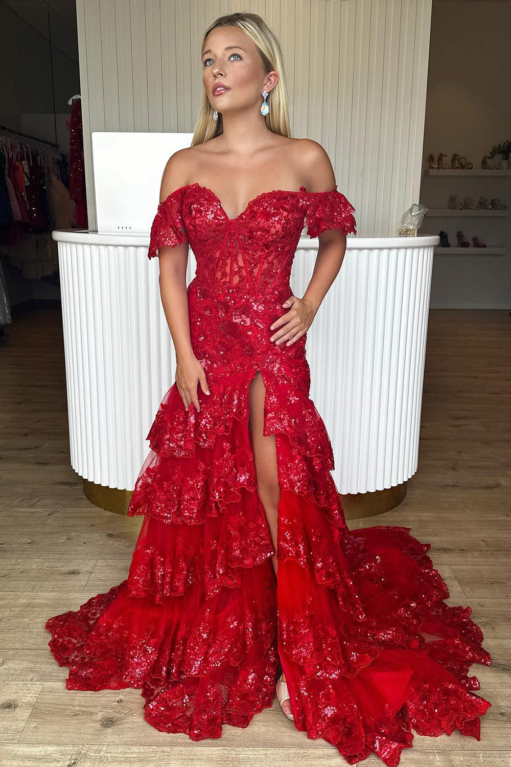 Red Prom Dress Off The Shoulder Tiered Evening Dress