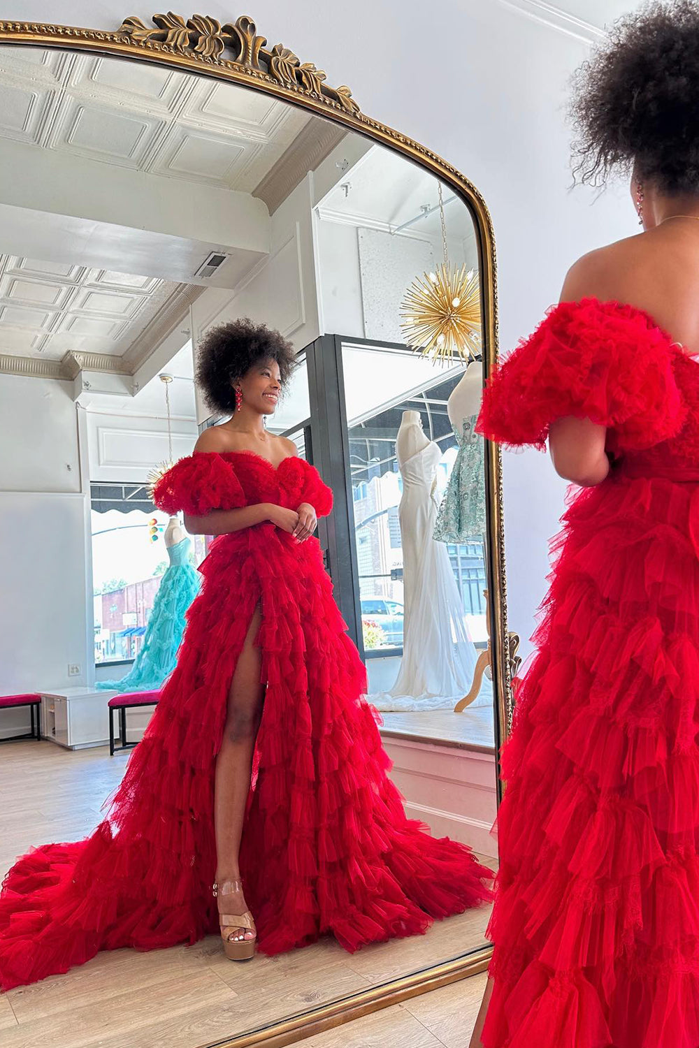 Red Prom Dress Off the Shoulder Tiered Ruffled Long Evening Dress with Slit
