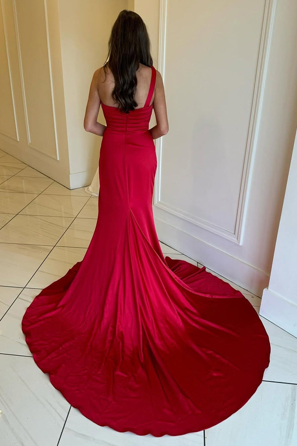 Red Prom Dress Ruched Mermaid One Shoulder Long Formal Dress With Slit