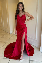 Red Prom Dress Ruched Mermaid One Shoulder Long Formal Dress With Slit