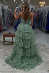 Red Prom Dress Ruffled Corset A Line Long Formal Dress With Lace