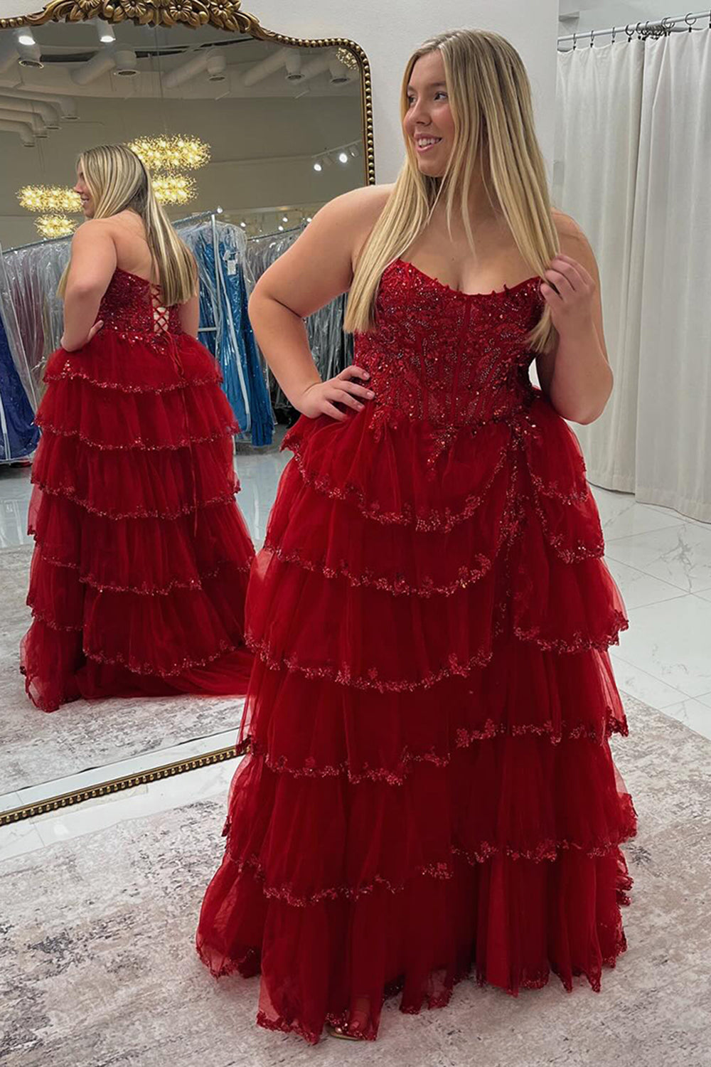 Red Prom Dress Ruffled Corset A Line Long Formal Dress With Lace