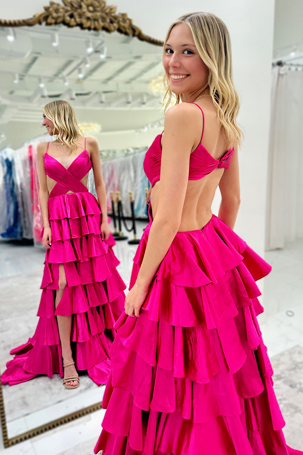 Red Prom Dress Ruffled Ruched Satin A Line Long Formal Dress With Slit