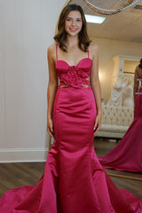 Red Prom Dress Satin Mermaid Long Formal Dress With Ruffles