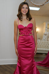 Red Prom Dress Satin Mermaid Long Formal Dress With Ruffles