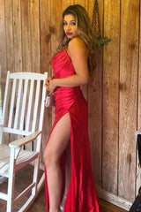 Red Prom Dress Satin Spaghetti Straps Evening Dress with Ruffles