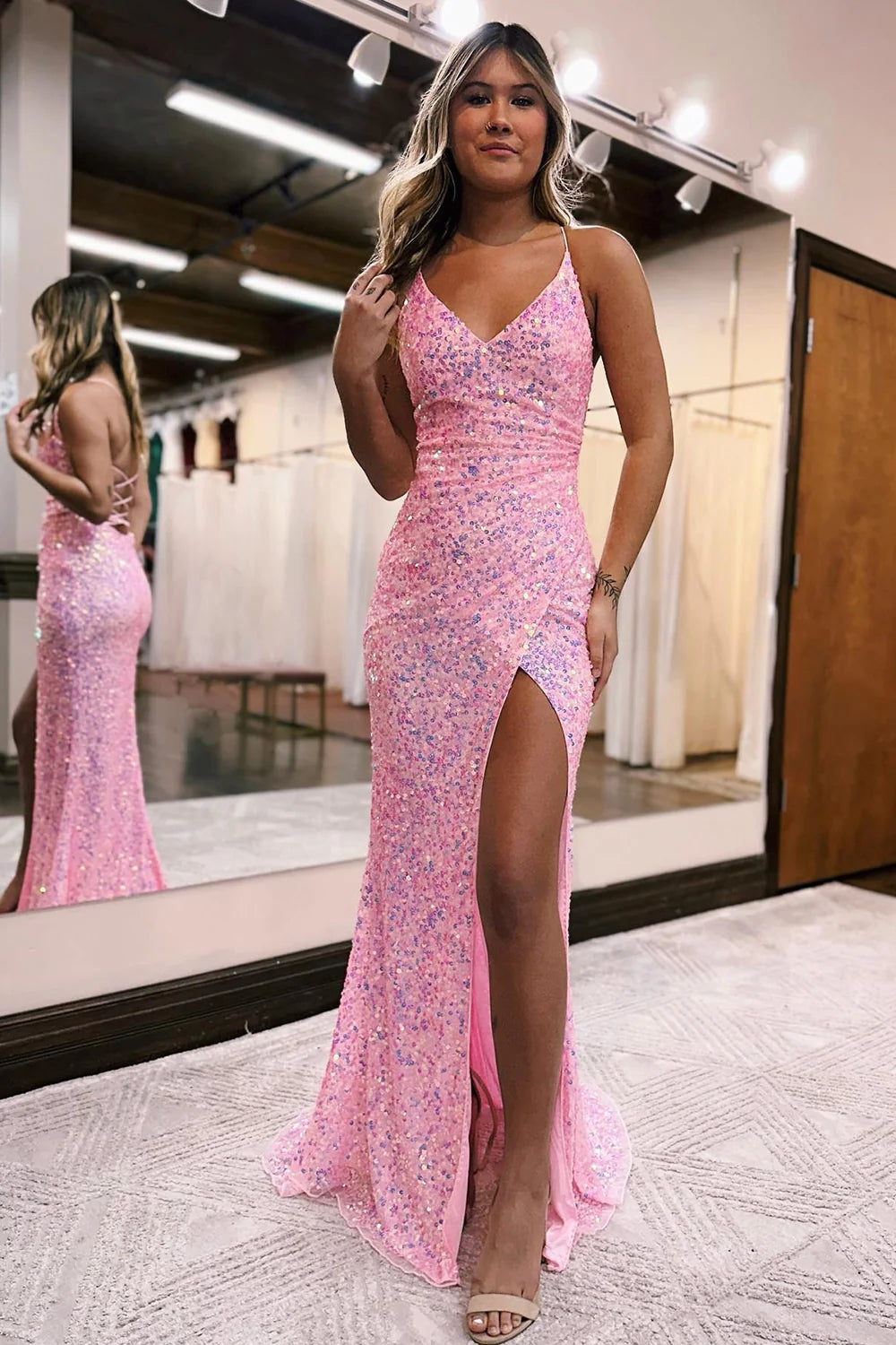 Red Prom Dress Sequined Lace Up Back Mermaid Long Evening Dress with Slit