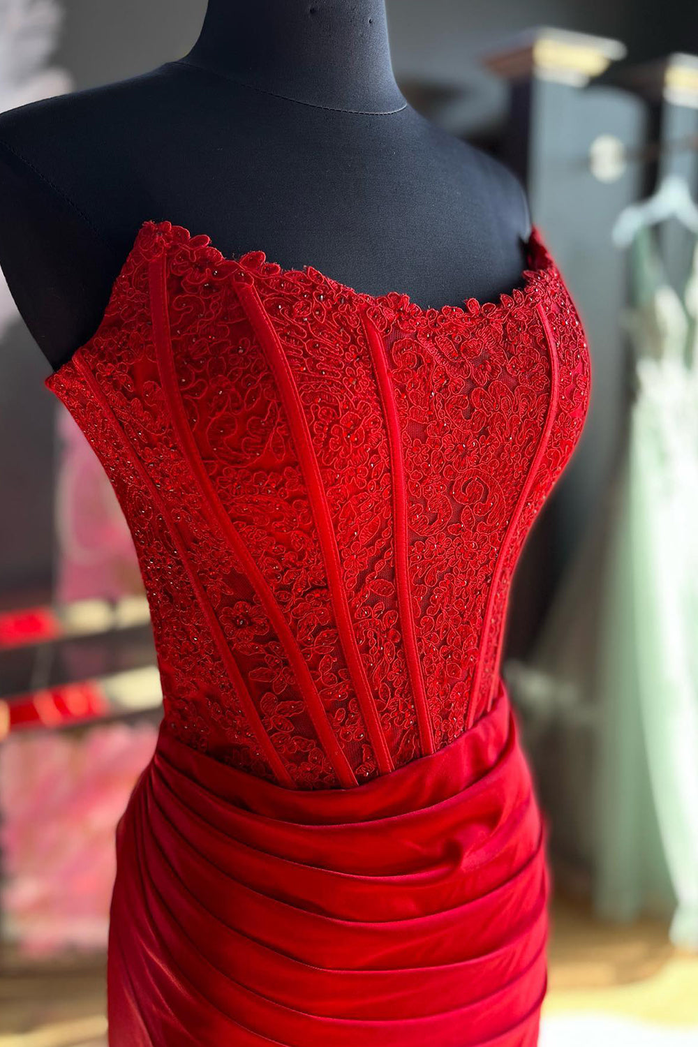 Red Prom Dress Sheath Corset Long Evening Dress with Lace