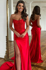 Red Prom Dress Sheath Corset Long Evening Dress with Lace